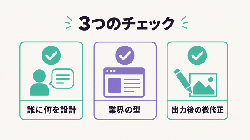 自動生成でも質を落とさない3つのチェック項目を俯瞰したチェックリスト図