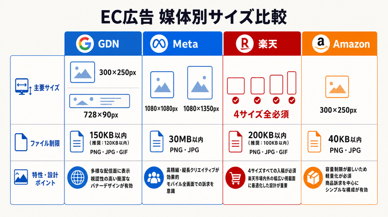 ECバナー広告の媒体別サイズ比較(GDN・Meta・楽天TDA・Amazon DSP)