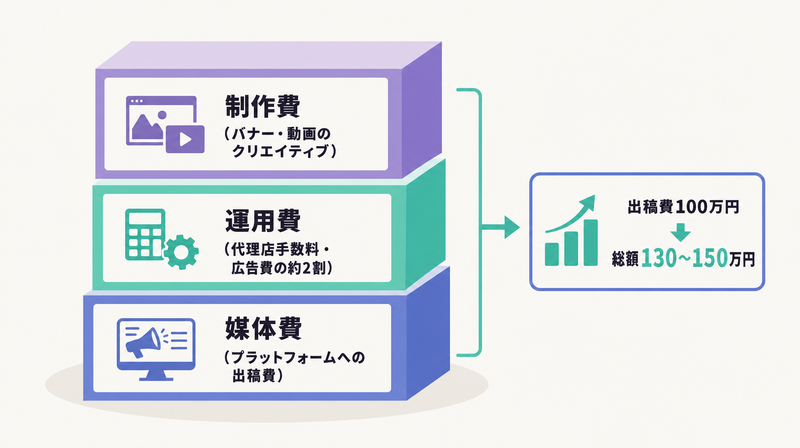 広告費が媒体費・運用費・制作費の3層で構成されることを示す積み上げ図
