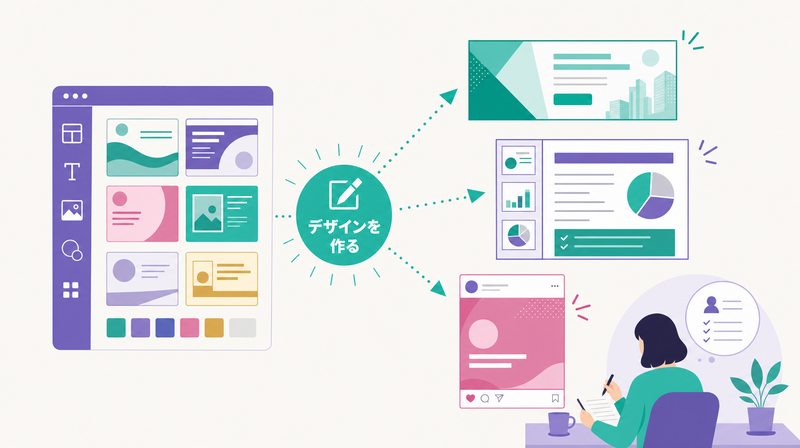 テンプレートから幅広いビジュアルを作る汎用デザインツールの図解
