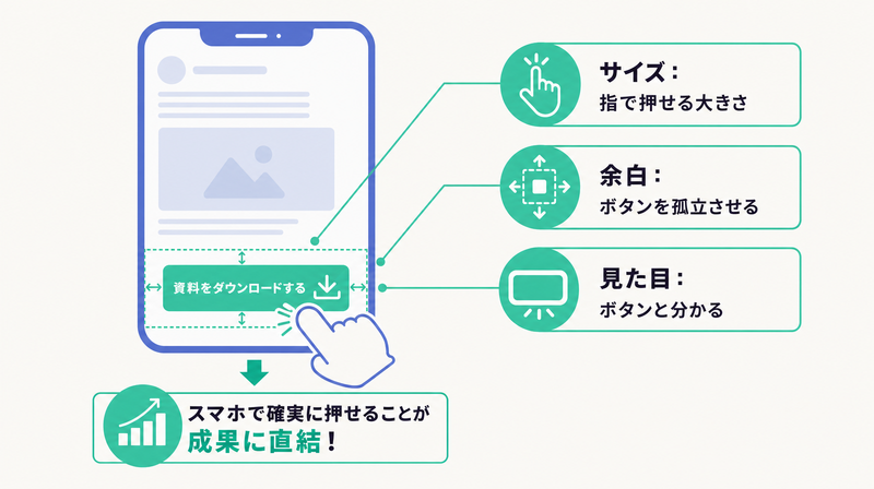 スマホ上のCTAボタンにサイズ・余白・見た目の3観点を引き出して押しやすさを担保することを示す図
