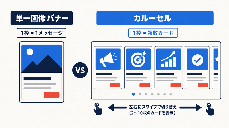 単一画像バナーと、複数カードを横に並べるカルーセル広告を対比した概念図