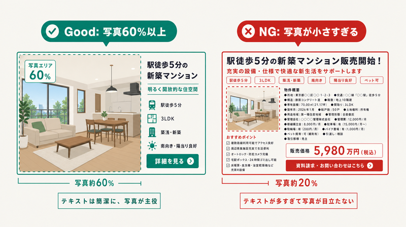 物件写真の占有面積による不動産バナーのGood例(60%以上)とNG例の比較