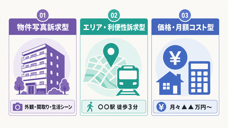不動産バナー広告の3訴求パターン(物件写真型・エリア利便性型・価格月額型)の概念図