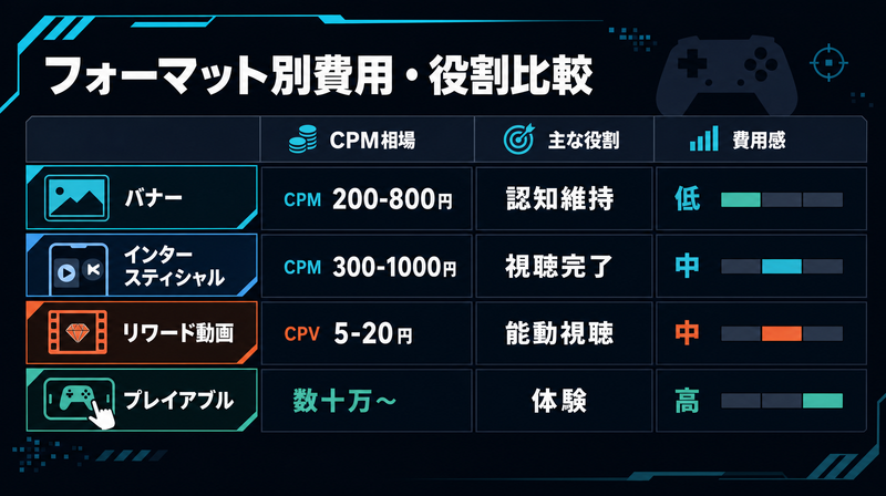 スマホゲーム広告フォーマット4種の費用相場と役割の比較表