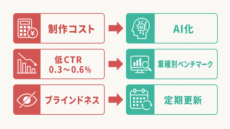 バナー広告の3つのデメリット(制作コスト・低CTR・ブラインドネス)と対処法を示す対比図