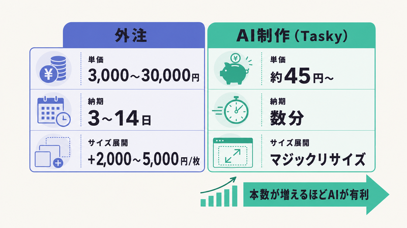 外注とAI制作の1枚単価・納期・サイズ展開費用を並べたコスト比較図