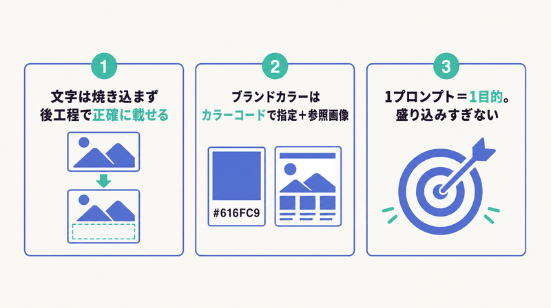 文字は後工程・カラーはコード指定と参照画像・1プロンプト1目的というプロンプト設計のコツを並べた図