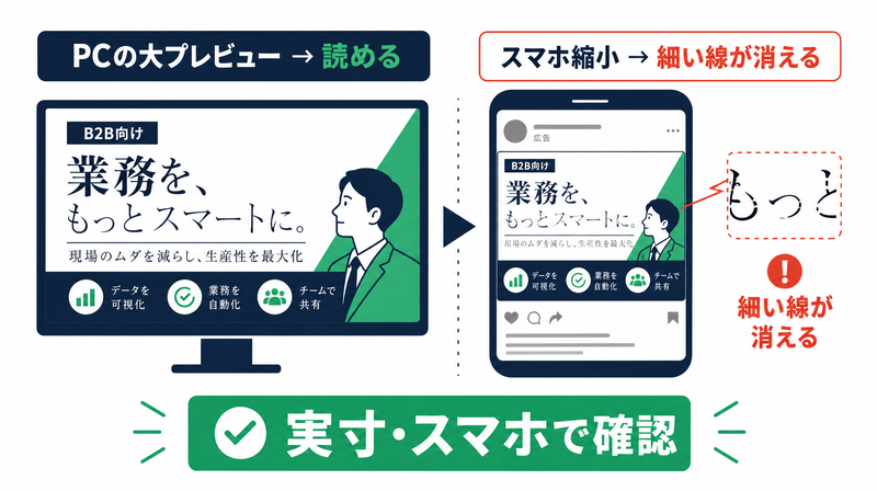 PCの大プレビューでは読めてもスマホの縮小表示では細い線がつぶれる様子を対比した図
