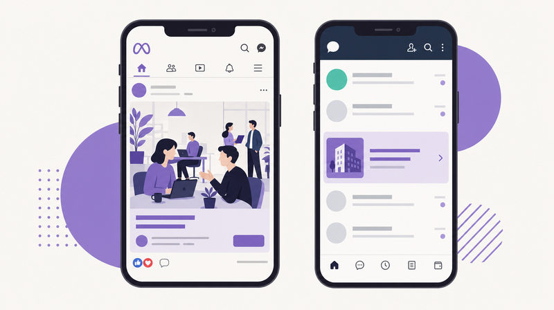 Metaの縦型フィード広告とLINEのトーク面広告の違いを示すスマートフォンのイラスト