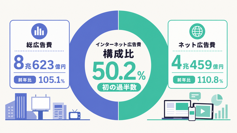 2025年の総広告費8兆623億円とネット広告費の構成比50.2%を示すグラフ
