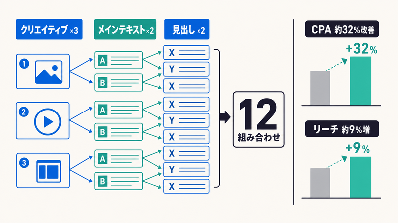 Meta広告の3:2:2メソッド構成図と検証データ（CPA約32%改善・リーチ約9%増）