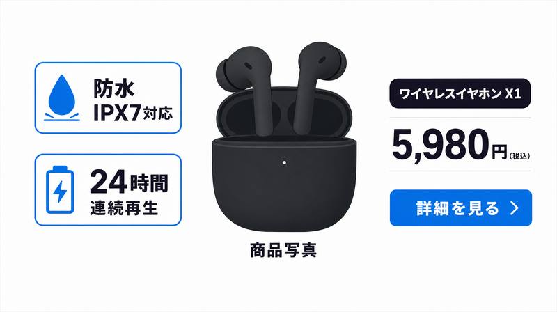 商品カット・機能訴求型バナーのデザイン例(白背景+スペック数値訴求のモックアップ)