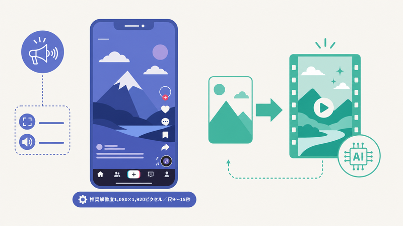 TikTokの縦型9:16・解像度1,080×1,920・尺9〜15秒を示す仕様図