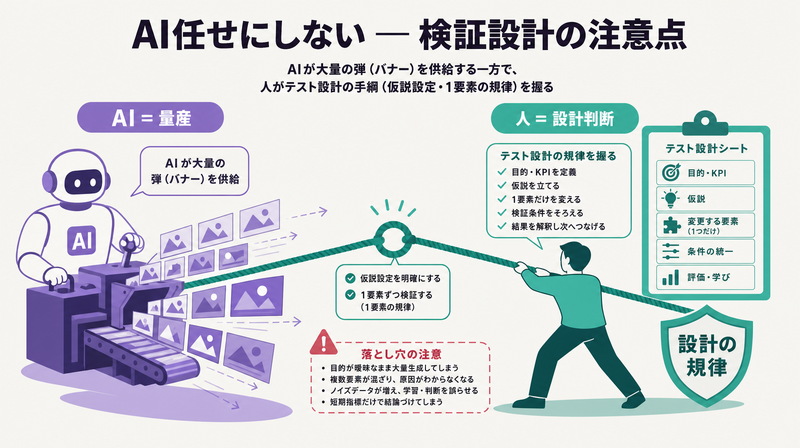 AIは弾の量産を担い人がテスト設計の規律を握る役割分担を描いたイラスト