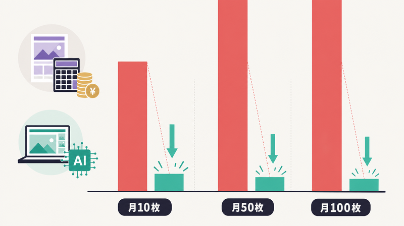 月10枚・50枚・100枚の制作量別に外注とTaskyの費用を比較した棒グラフ