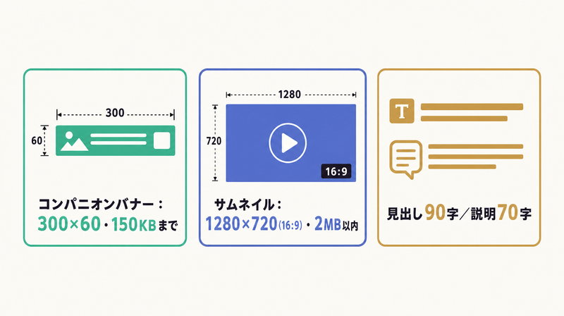 コンパニオンバナー300×60・150KB、サムネイル1280×720・2MB、テキスト見出し90字説明70字の入稿規定データ図