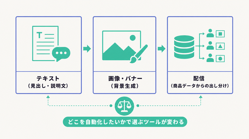 テキスト・画像バナー・配信というAI広告自動生成の3領域を並べた図