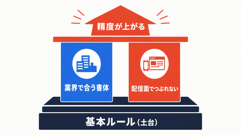 基本ルールの土台に業界軸と配信面軸を重ねて広告フォントの精度を上げる概念図