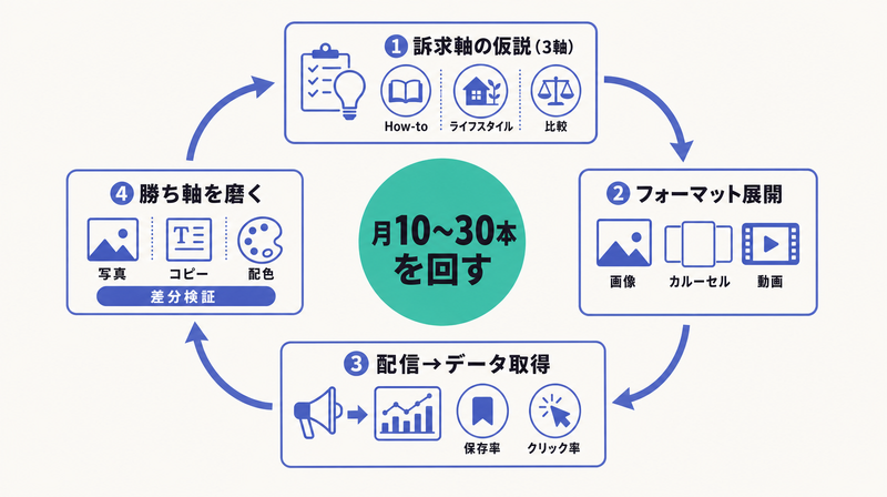 訴求軸の仮説・フォーマット展開・配信とデータ取得・勝ち軸を磨くの4ステップを円環で回し月10〜30本を量産する検証フロー図