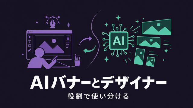 人のデザイナーとAIが役割分担してバナーを作る様子を描いたエディトリアル風サムネイル