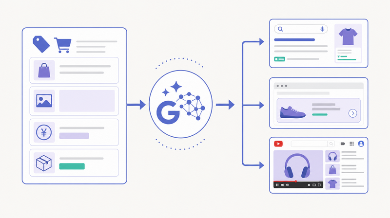 商品フィードからGoogle AIが各配信面に広告を自動生成するP-MAXの図