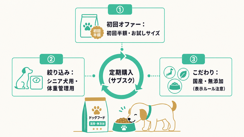 初回オファー・ターゲット絞り込み・こだわり訴求という3つの設計ポイントを示すペットフードのバナー設計図