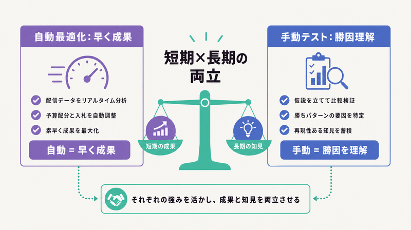 自動最適化は早く成果を出し手動テストは勝因を理解する役割分担を示す図