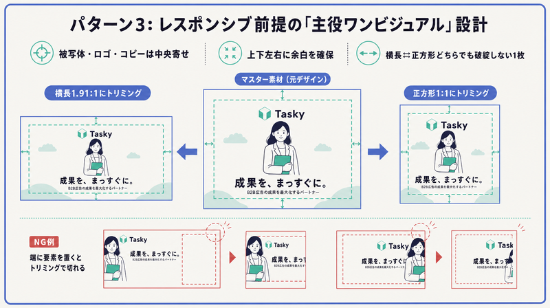 被写体やコピーを中央寄せにして横長と正方形どちらにトリミングされても破綻しない主役ワンビジュアル設計の図