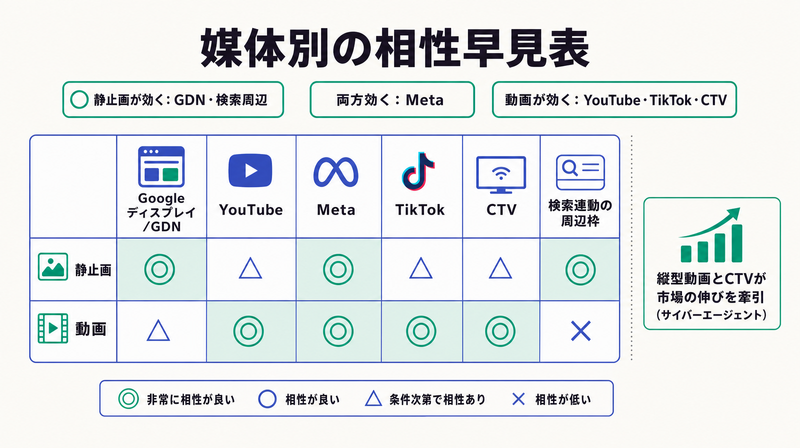 GDN・YouTube・Meta・TikTok・CTVなど媒体ごとに静止画と動画の相性をマルバツで示した早見マップ