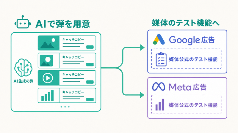 AIで用意した弾をGoogle広告とMeta広告のテスト機能に載せる流れを示す俯瞰図