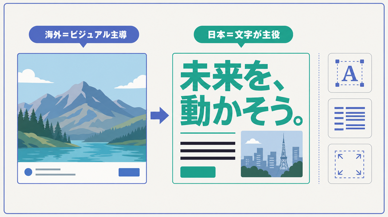 ビジュアル主導の海外と文字が主役の日本を対比し成果を左右する文字組みを示した図