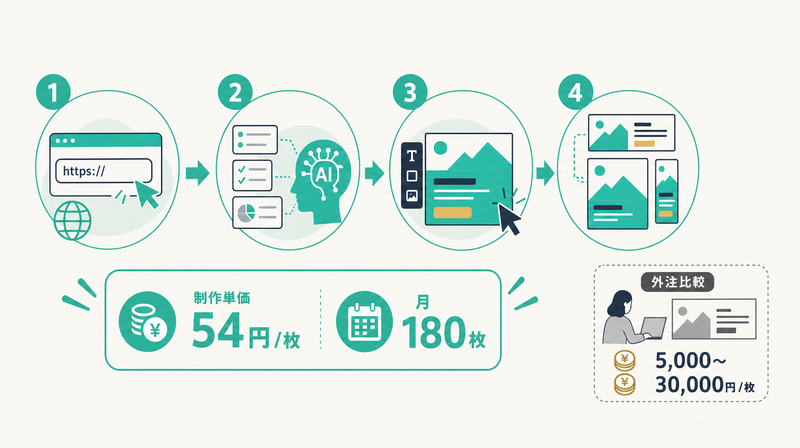 Taskyのバナー制作パイプライン図(4ステップ・月180枚)