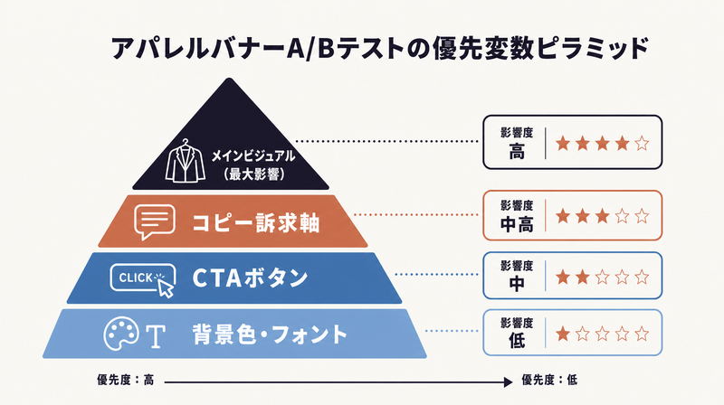 アパレルバナーA/Bテストの優先変数ピラミッド(メインビジュアル→コピー→CTA→背景色の4層)