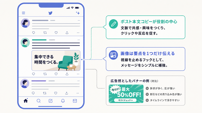 タイムラインに友人の投稿と並んでも違和感なく溶け込む、画像内テキストを要点1つに絞ったX画像広告のモックアップ