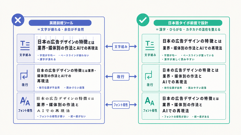 英語前提ツールで崩れる日本語と日本語タイポ前提で整える設計を対比した図