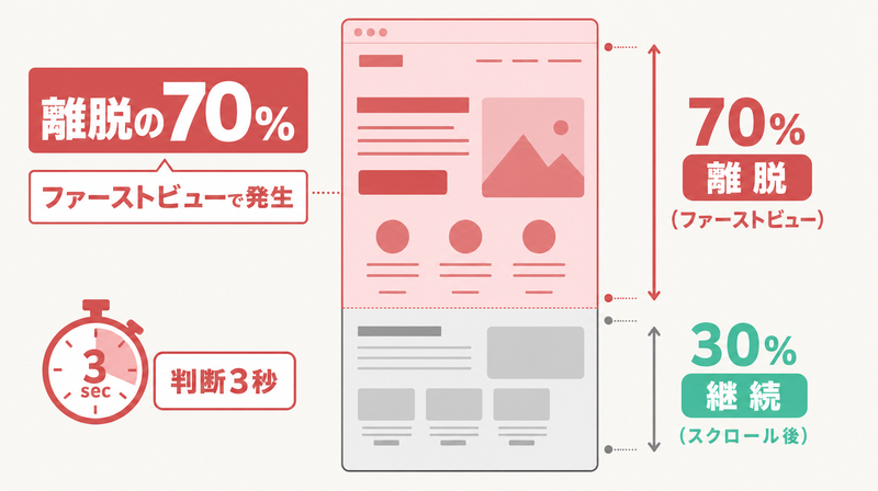 LPファーストビューでの離脱率70%を示すデータ図