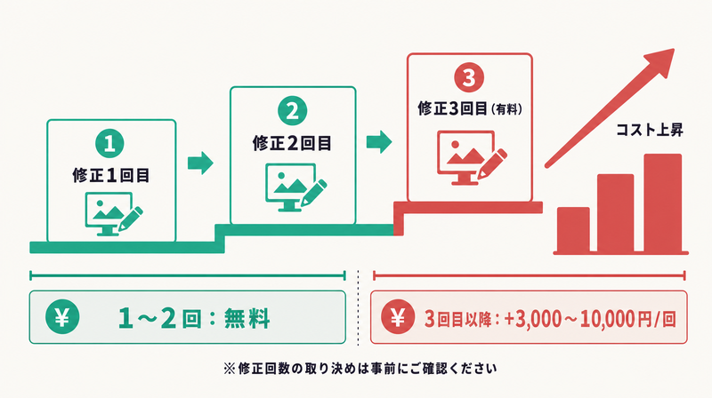 バナー制作の修正回数とコスト（1〜2回無料、3回目以降3,000〜10,000円）の段階式図解