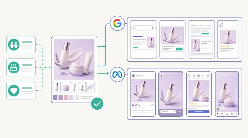 1つの素材セットがGoogleとMetaの各配信面へ自動で組み合わせ配信される様子を示す図