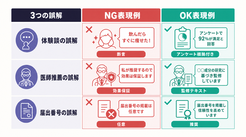 サプリバナー広告で多い3つの誤解と正解の対比図