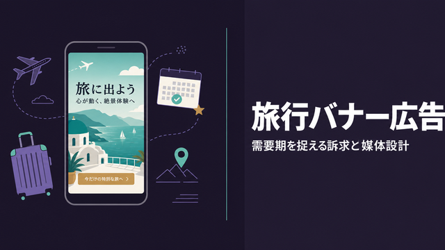 絶景を主役にした旅行バナーと需要期マーカーを配した旅行・観光バナー広告ガイドのエディトリアル型サムネイル