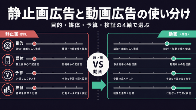 目的・媒体・予算・検証の4軸で静止画広告と動画広告の使い分けを図解した構造型のサムネイル