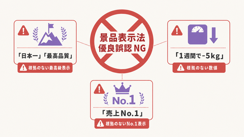 景品表示法で禁止される優良誤認表示の3例を示す図