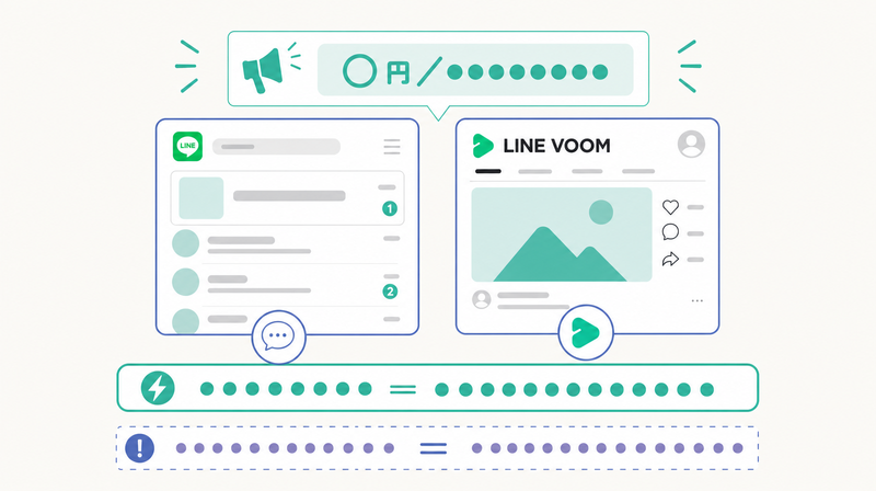 LINEの配信面と価格・トライアル型訴求の相性、審査確認の注意を示す図