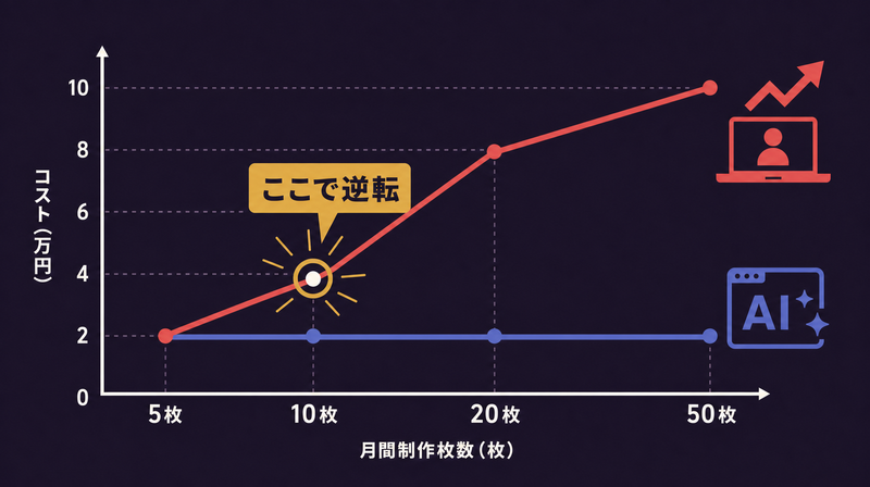 月間制作枚数が増えるとコストが逆転する折れ線グラフ