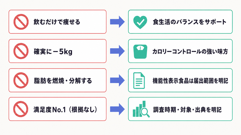 ダイエット広告のNG表現を区分内のOK表現へ言い換える対応図