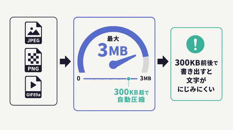 対応形式JPEG/PNG/GIF89aと最大3MB・300KB自動圧縮閾値を示すYDAのファイル容量規定図