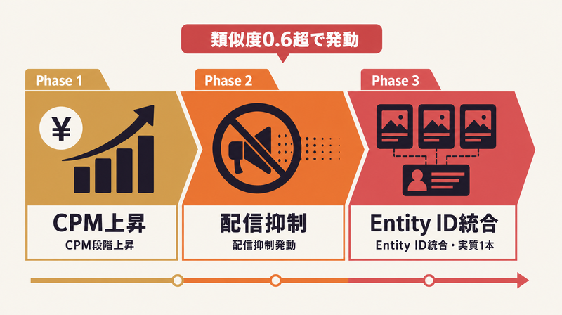 類似度が高い場合の配信影響3段階（CPM上昇→配信抑制→Entity ID統合）のエスカレーション図