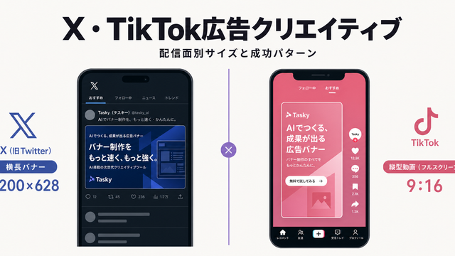 XとTikTok広告クリエイティブの配信面別サイズを比較したストラクチャー型サムネイル