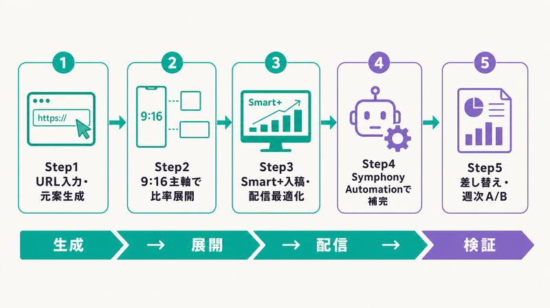 TikTok広告AIの実務ワークフローを5ステップで俯瞰した横並びのフロー図